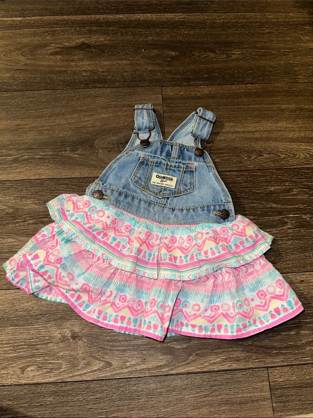 OshKosh B'gosh Denim Overall ruffle dress with Pink and Aqua Pattern